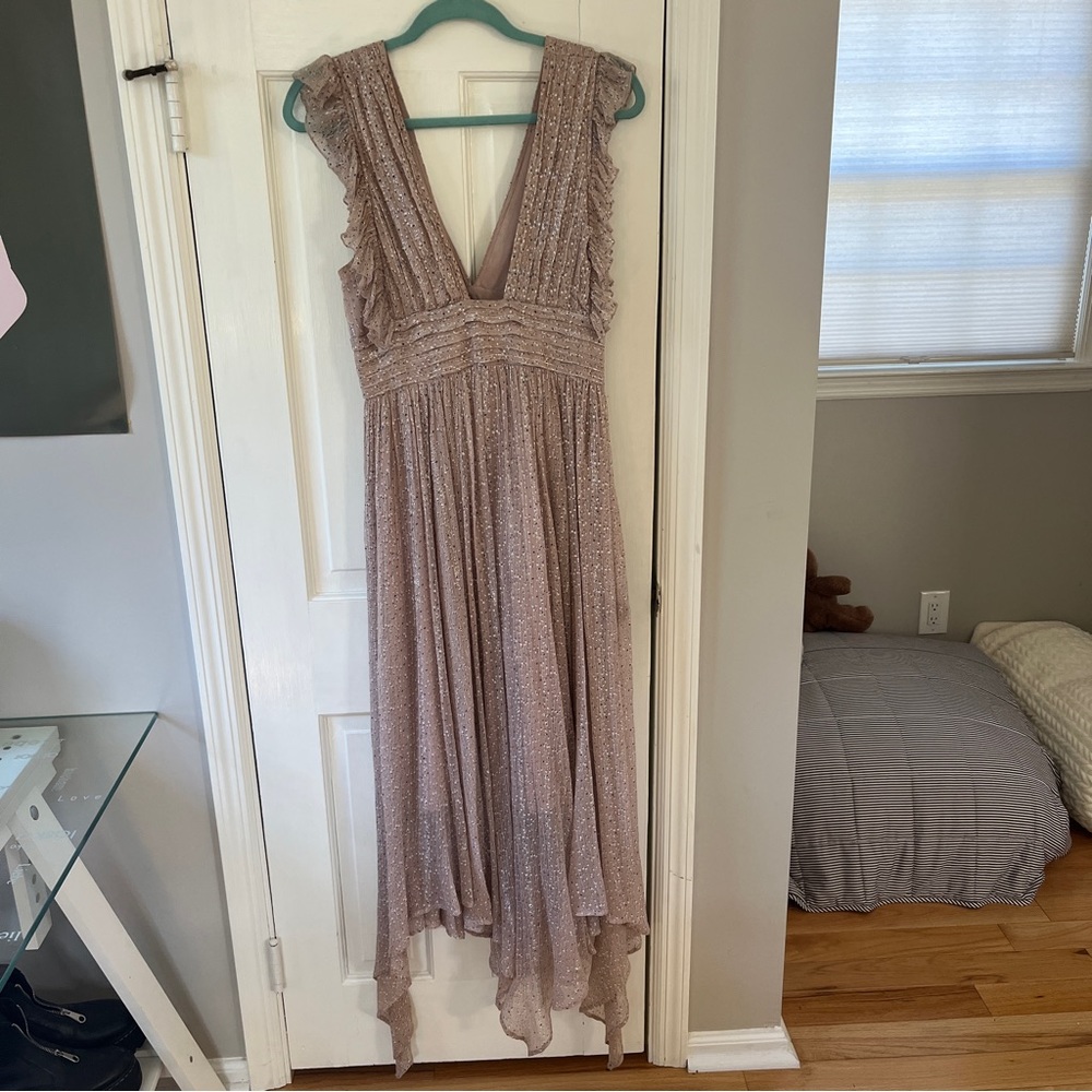 Rare Free People ruffle sleeve metallic thread tan deep cut prom dress